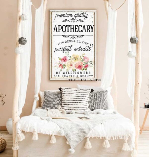 Premium Quality Apothecary Sign handmade by ToeFishArt. Original, custom, personalized wall decor signs. Canvas, Wood or Metal. Rustic modern farmhouse, cottagecore, vintage, retro, industrial, Americana, primitive, country, coastal, minimalist.