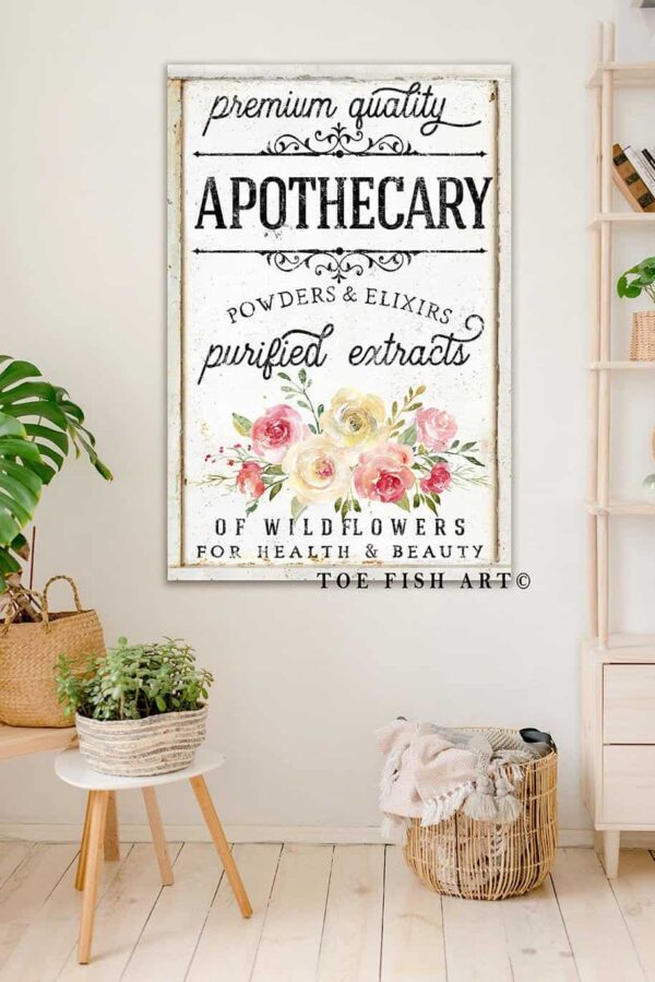 Premium Quality Apothecary Sign handmade by ToeFishArt. Original, custom, personalized wall decor signs. Canvas, Wood or Metal. Rustic modern farmhouse, cottagecore, vintage, retro, industrial, Americana, primitive, country, coastal, minimalist.