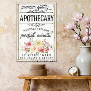 Premium Quality Apothecary Sign handmade by ToeFishArt. Original, custom, personalized wall decor signs. Canvas, Wood or Metal. Rustic modern farmhouse, cottagecore, vintage, retro, industrial, Americana, primitive, country, coastal, minimalist.