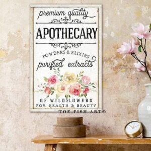 Premium Quality Apothecary Sign handmade by ToeFishArt. Original, custom, personalized wall decor signs. Canvas, Wood or Metal. Rustic modern farmhouse, cottagecore, vintage, retro, industrial, Americana, primitive, country, coastal, minimalist.