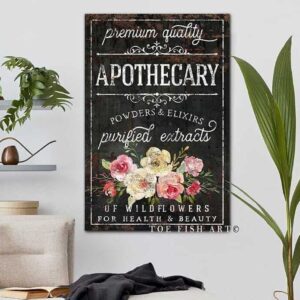 Premium Quality Apothecary Sign handmade by ToeFishArt. Original, custom, personalized wall decor signs. Canvas, Wood or Metal. Rustic modern farmhouse, cottagecore, vintage, retro, industrial, Americana, primitive, country, coastal, minimalist.