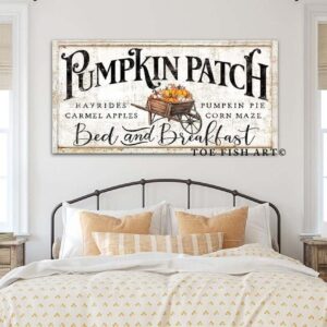 Pumpkin Patch Bed & Breakfast Sign handmade by ToeFishArt. Original, custom, personalized wall decor signs. Canvas, Wood or Metal. Rustic modern farmhouse, cottagecore, vintage, retro, industrial, Americana, primitive, country, coastal, minimalist.