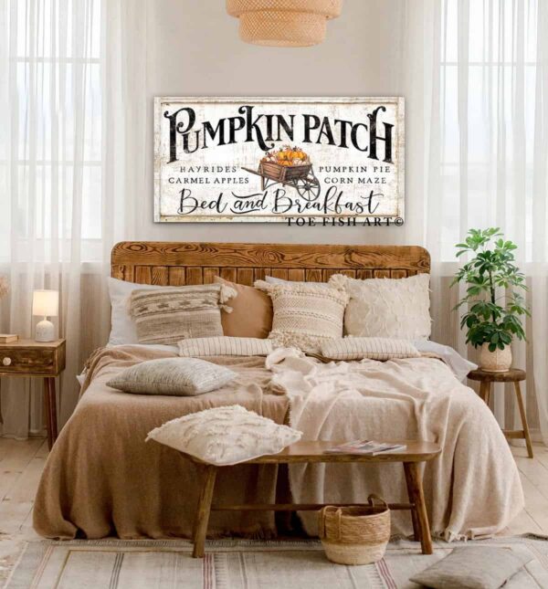 Pumpkin Patch Bed & Breakfast Sign handmade by ToeFishArt. Original, custom, personalized wall decor signs. Canvas, Wood or Metal. Rustic modern farmhouse, cottagecore, vintage, retro, industrial, Americana, primitive, country, coastal, minimalist.