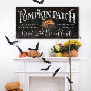 Pumpkin Patch Bed & Breakfast Sign handmade by ToeFishArt. Original, custom, personalized wall decor signs. Canvas, Wood or Metal. Rustic modern farmhouse, cottagecore, vintage, retro, industrial, Americana, primitive, country, coastal, minimalist.