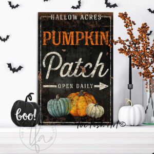 Pumpkin Patch Open Daily Sign handmade by ToeFishArt. Original, custom, personalized wall decor signs. Canvas, Wood or Metal. Rustic modern farmhouse, cottagecore, vintage, retro, industrial, Americana, primitive, country, coastal, minimalist.