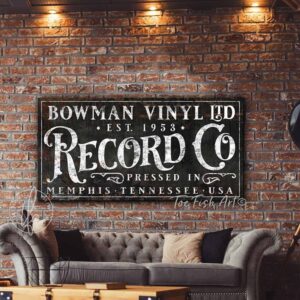 Record Co Sign handmade by ToeFishArt. Original, custom, personalized wall decor signs. Canvas, Wood or Metal. Rustic modern farmhouse, cottagecore, vintage, retro, industrial, Americana, primitive, country, coastal, minimalist.