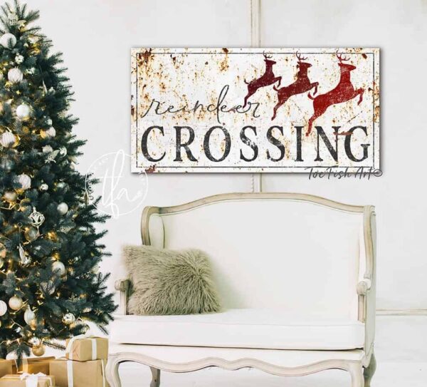 Reindeer Crossing Sign handmade by ToeFishArt. Original, custom, personalized wall decor signs. Canvas, Wood or Metal. Rustic modern farmhouse, cottagecore, vintage, retro, industrial, Americana, primitive, country, coastal, minimalist.