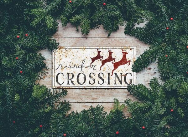 Reindeer Crossing Sign handmade by ToeFishArt. Original, custom, personalized wall decor signs. Canvas, Wood or Metal. Rustic modern farmhouse, cottagecore, vintage, retro, industrial, Americana, primitive, country, coastal, minimalist.