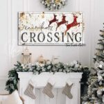 Reindeer Crossing Sign handmade by ToeFishArt. Original, custom, personalized wall decor signs. Canvas, Wood or Metal. Rustic modern farmhouse, cottagecore, vintage, retro, industrial, Americana, primitive, country, coastal, minimalist.