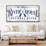 River House Sign handmade by ToeFishArt. Original, custom, personalized wall decor signs. Canvas, Wood or Metal. Rustic modern farmhouse, cottagecore, vintage, retro, industrial, Americana, primitive, country, coastal, minimalist.