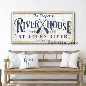 River House Sign handmade by ToeFishArt. Original, custom, personalized wall decor signs. Canvas, Wood or Metal. Rustic modern farmhouse, cottagecore, vintage, retro, industrial, Americana, primitive, country, coastal, minimalist.