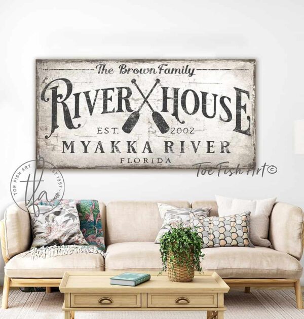 River House Sign handmade by ToeFishArt. Original, custom, personalized wall decor signs. Canvas, Wood or Metal. Rustic modern farmhouse, cottagecore, vintage, retro, industrial, Americana, primitive, country, coastal, minimalist.