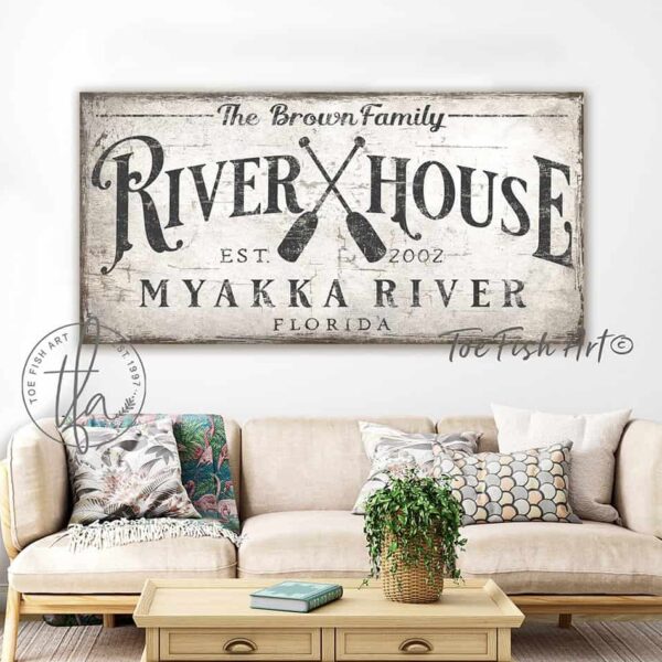 River House Sign handmade by ToeFishArt. Original, custom, personalized wall decor signs. Canvas, Wood or Metal. Rustic modern farmhouse, cottagecore, vintage, retro, industrial, Americana, primitive, country, coastal, minimalist.