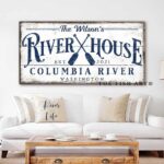 River House Sign handmade by ToeFishArt. Original, custom, personalized wall decor signs. Canvas, Wood or Metal. Rustic modern farmhouse, cottagecore, vintage, retro, industrial, Americana, primitive, country, coastal, minimalist.