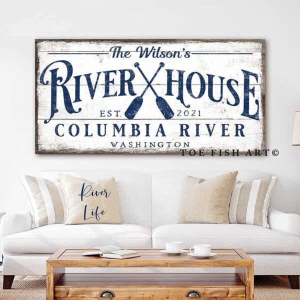 River House Sign handmade by ToeFishArt. Original, custom, personalized wall decor signs. Canvas, Wood or Metal. Rustic modern farmhouse, cottagecore, vintage, retro, industrial, Americana, primitive, country, coastal, minimalist.