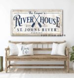 River House Sign handmade by ToeFishArt. Original, custom, personalized wall decor signs. Canvas, Wood or Metal. Rustic modern farmhouse, cottagecore, vintage, retro, industrial, Americana, primitive, country, coastal, minimalist.