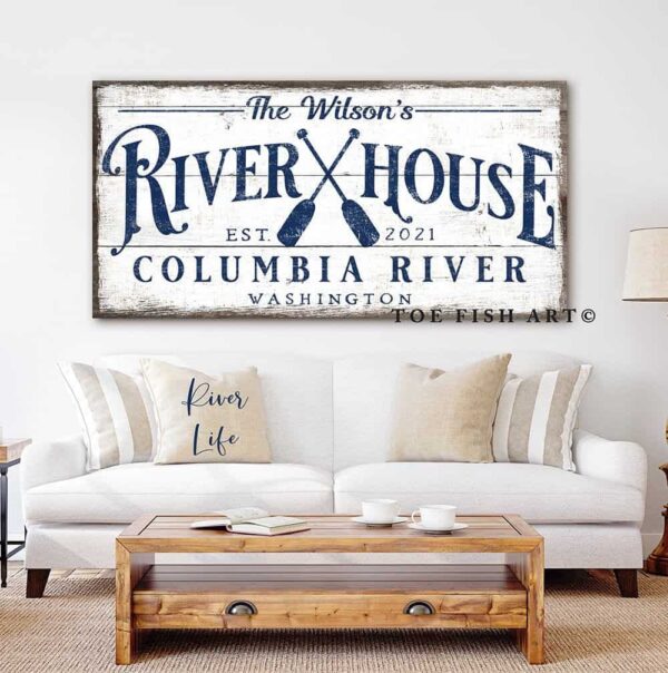 River House Sign handmade by ToeFishArt. Original, custom, personalized wall decor signs. Canvas, Wood or Metal. Rustic modern farmhouse, cottagecore, vintage, retro, industrial, Americana, primitive, country, coastal, minimalist.