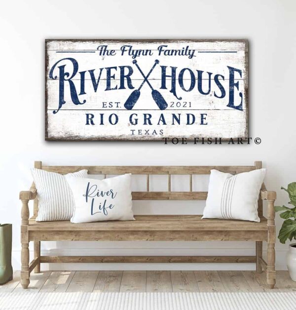 River House Sign handmade by ToeFishArt. Original, custom, personalized wall decor signs. Canvas, Wood or Metal. Rustic modern farmhouse, cottagecore, vintage, retro, industrial, Americana, primitive, country, coastal, minimalist.