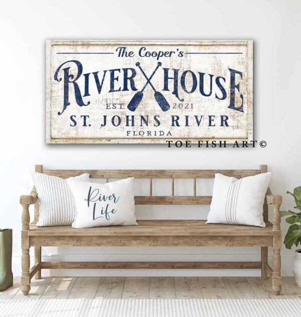 River House Sign handmade by ToeFishArt. Original, custom, personalized wall decor signs. Canvas, Wood or Metal. Rustic modern farmhouse, cottagecore, vintage, retro, industrial, Americana, primitive, country, coastal, minimalist.