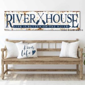 River House Sign Life is Better Rustic Style handmade by ToeFishArt. Original, custom, personalized wall decor signs. Canvas, Wood or Metal. Rustic modern farmhouse, cottagecore, vintage, retro, industrial, Americana, primitive, country, coastal, minimalist.