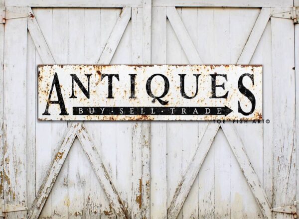 Rustic Antiques Sign handmade by ToeFishArt. Original, custom, personalized wall decor signs. Canvas, Wood or Metal. Rustic modern farmhouse, cottagecore, vintage, retro, industrial, Americana, primitive, country, coastal, minimalist.