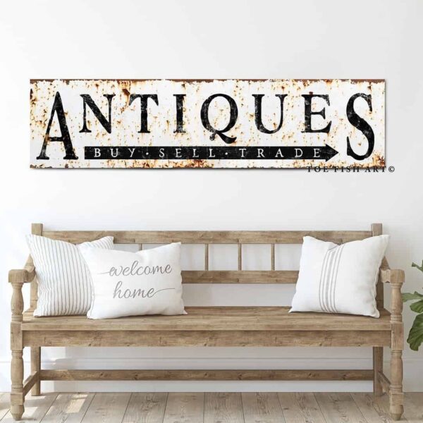 Rustic Antiques Sign handmade by ToeFishArt. Original, custom, personalized wall decor signs. Canvas, Wood or Metal. Rustic modern farmhouse, cottagecore, vintage, retro, industrial, Americana, primitive, country, coastal, minimalist.