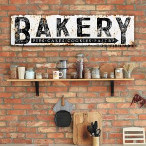 Rustic Bakery Sign Pies Cakes Cookies Pastry handmade by ToeFishArt. Original, custom, personalized wall decor signs. Canvas, Wood or Metal. Rustic modern farmhouse, cottagecore, vintage, retro, industrial, Americana, primitive, country, coastal, minimalist.