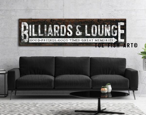 Rustic Billiards & Lounge Sign handmade by ToeFishArt. Original, custom, personalized wall decor signs. Canvas, Wood or Metal. Rustic modern farmhouse, cottagecore, vintage, retro, industrial, Americana, primitive, country, coastal, minimalist.