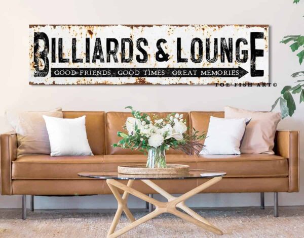 Rustic Billiards & Lounge Sign handmade by ToeFishArt. Original, custom, personalized wall decor signs. Canvas, Wood or Metal. Rustic modern farmhouse, cottagecore, vintage, retro, industrial, Americana, primitive, country, coastal, minimalist.