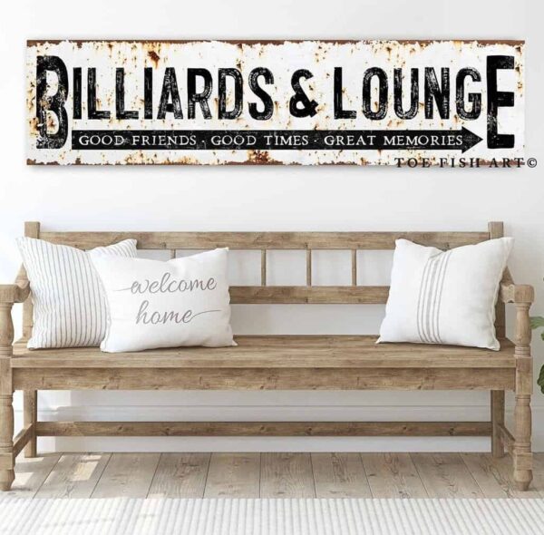 Rustic Billiards & Lounge Sign handmade by ToeFishArt. Original, custom, personalized wall decor signs. Canvas, Wood or Metal. Rustic modern farmhouse, cottagecore, vintage, retro, industrial, Americana, primitive, country, coastal, minimalist.