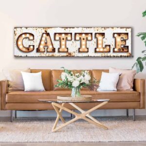 Rustic Cattle "Marquee"-Style Sign handmade by ToeFishArt. Original, custom, personalized wall decor signs. Canvas, Wood or Metal. Rustic modern farmhouse, cottagecore, vintage, retro, industrial, Americana, primitive, country, coastal, minimalist.