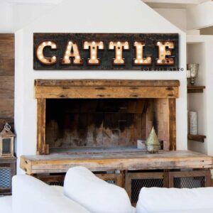 Rustic Cattle "Marquee"-Style Sign handmade by ToeFishArt. Original, custom, personalized wall decor signs. Canvas, Wood or Metal. Rustic modern farmhouse, cottagecore, vintage, retro, industrial, Americana, primitive, country, coastal, minimalist.