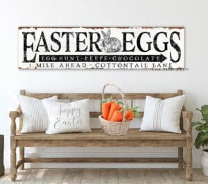 Rustic Easter Eggs Sign Egg Hunt Cottontail Lane handmade by ToeFishArt. Original, custom, personalized wall decor signs. Canvas, Wood or Metal. Rustic modern farmhouse, cottagecore, vintage, retro, industrial, Americana, primitive, country, coastal, minimalist.