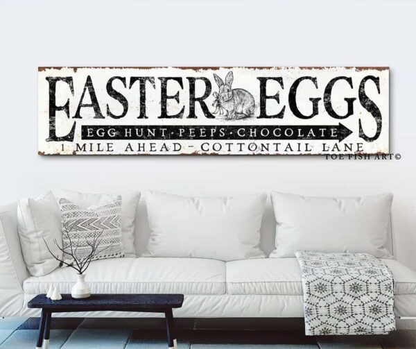 Rustic Easter Eggs Sign Egg Hunt Cottontail Lane handmade by ToeFishArt. Original, custom, personalized wall decor signs. Canvas, Wood or Metal. Rustic modern farmhouse, cottagecore, vintage, retro, industrial, Americana, primitive, country, coastal, minimalist.