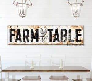Rustic Farm to Table Sign handmade by ToeFishArt. Original, custom, personalized wall decor signs. Canvas, Wood or Metal. Rustic modern farmhouse, cottagecore, vintage, retro, industrial, Americana, primitive, country, coastal, minimalist.
