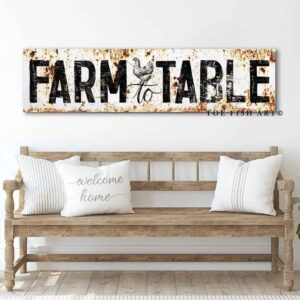 Rustic Farm to Table Sign handmade by ToeFishArt. Original, custom, personalized wall decor signs. Canvas, Wood or Metal. Rustic modern farmhouse, cottagecore, vintage, retro, industrial, Americana, primitive, country, coastal, minimalist.