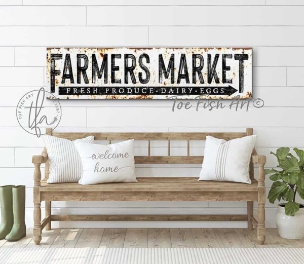 Rustic Farmers Market Sign Fresh Produce Dairy Eggs handmade by ToeFishArt. Original, custom, personalized wall decor signs. Canvas, Wood or Metal. Rustic modern farmhouse, cottagecore, vintage, retro, industrial, Americana, primitive, country, coastal, minimalist.