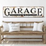 Rustic Garage Sign Service & Repairs handmade by ToeFishArt. Original, custom, personalized wall decor signs. Canvas, Wood or Metal. Rustic modern farmhouse, cottagecore, vintage, retro, industrial, Americana, primitive, country, coastal, minimalist.