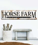 Rustic Horse Farm Sign handmade by ToeFishArt. Original, custom, personalized wall decor signs. Canvas, Wood or Metal. Rustic modern farmhouse, cottagecore, vintage, retro, industrial, Americana, primitive, country, coastal, minimalist.