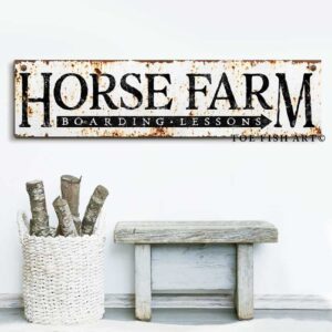 Rustic Horse Farm Sign handmade by ToeFishArt. Original, custom, personalized wall decor signs. Canvas, Wood or Metal. Rustic modern farmhouse, cottagecore, vintage, retro, industrial, Americana, primitive, country, coastal, minimalist.