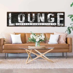 Rustic Lounge Sign for bar, theater, game room, living room, mancave handmade by ToeFishArt. Original, custom, personalized wall decor signs. Canvas, Wood or Metal. Rustic modern farmhouse, cottagecore, vintage, retro, industrial, Americana, primitive, country, coastal, minimalist.