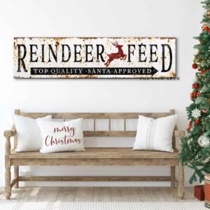 Rustic Reindeer Feed Sign Santa Approved handmade by ToeFishArt. Original, custom, personalized wall decor signs. Canvas, Wood or Metal. Rustic modern farmhouse, cottagecore, vintage, retro, industrial, Americana, primitive, country, coastal, minimalist.