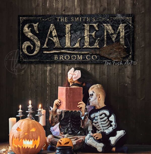 Salem Broom Co. Sign handmade by ToeFishArt. Original, custom, personalized wall decor signs. Canvas, Wood or Metal. Rustic modern farmhouse, cottagecore, vintage, retro, industrial, Americana, primitive, country, coastal, minimalist.