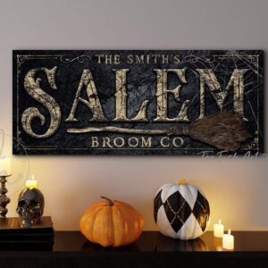 Salem Broom Co. Sign handmade by ToeFishArt. Original, custom, personalized wall decor signs. Canvas, Wood or Metal. Rustic modern farmhouse, cottagecore, vintage, retro, industrial, Americana, primitive, country, coastal, minimalist.