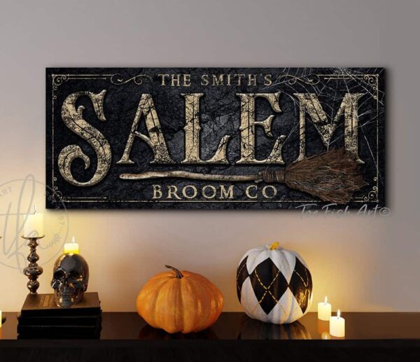 Salem Broom Co. Sign handmade by ToeFishArt. Original, custom, personalized wall decor signs. Canvas, Wood or Metal. Rustic modern farmhouse, cottagecore, vintage, retro, industrial, Americana, primitive, country, coastal, minimalist.