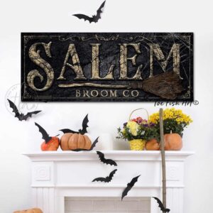 Salem Broom Co. Sign handmade by ToeFishArt. Original, custom, personalized wall decor signs. Canvas, Wood or Metal. Rustic modern farmhouse, cottagecore, vintage, retro, industrial, Americana, primitive, country, coastal, minimalist.