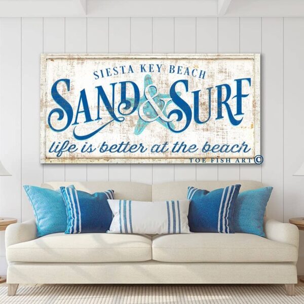 Sand & Surf Sign handmade by ToeFishArt. Original, custom, personalized wall decor signs. Canvas, Wood or Metal. Rustic modern farmhouse, cottagecore, vintage, retro, industrial, Americana, primitive, country, coastal, minimalist.