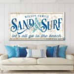 Sand & Surf Sign handmade by ToeFishArt. Original, custom, personalized wall decor signs. Canvas, Wood or Metal. Rustic modern farmhouse, cottagecore, vintage, retro, industrial, Americana, primitive, country, coastal, minimalist.