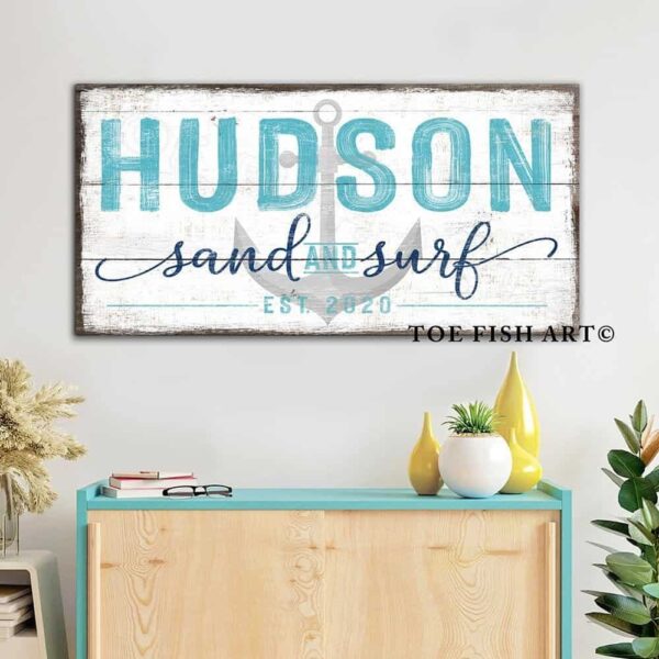 Sand and Surf Sign handmade by ToeFishArt. Original, custom, personalized wall decor signs. Canvas, Wood or Metal. Rustic modern farmhouse, cottagecore, vintage, retro, industrial, Americana, primitive, country, coastal, minimalist.