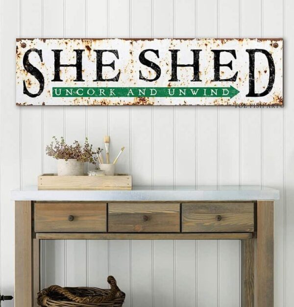 She Shed Sign Rustic Style Uncork and Unwind handmade by ToeFishArt. Original, custom, personalized wall decor signs. Canvas, Wood or Metal. Rustic modern farmhouse, cottagecore, vintage, retro, industrial, Americana, primitive, country, coastal, minimalist.